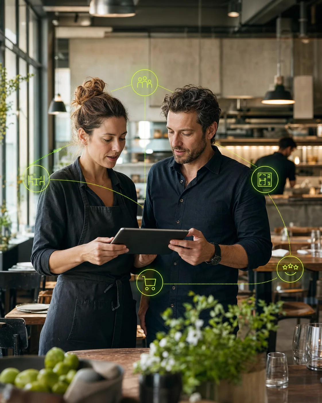 Zwei Gastronomieprofis prüfen auf einem Tablet Reservierung, Einkauf und Gästefeedback