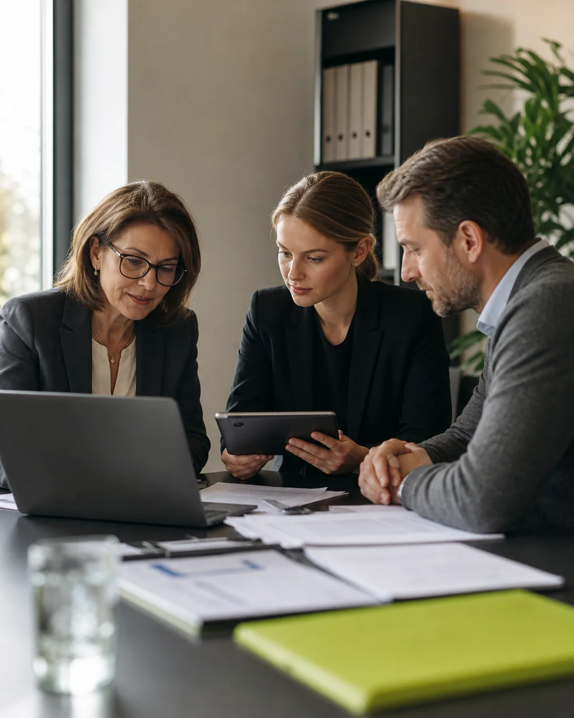 Steuerberaterinnen besprechen digitale Unterlagen gemeinsam mit einem Mandanten