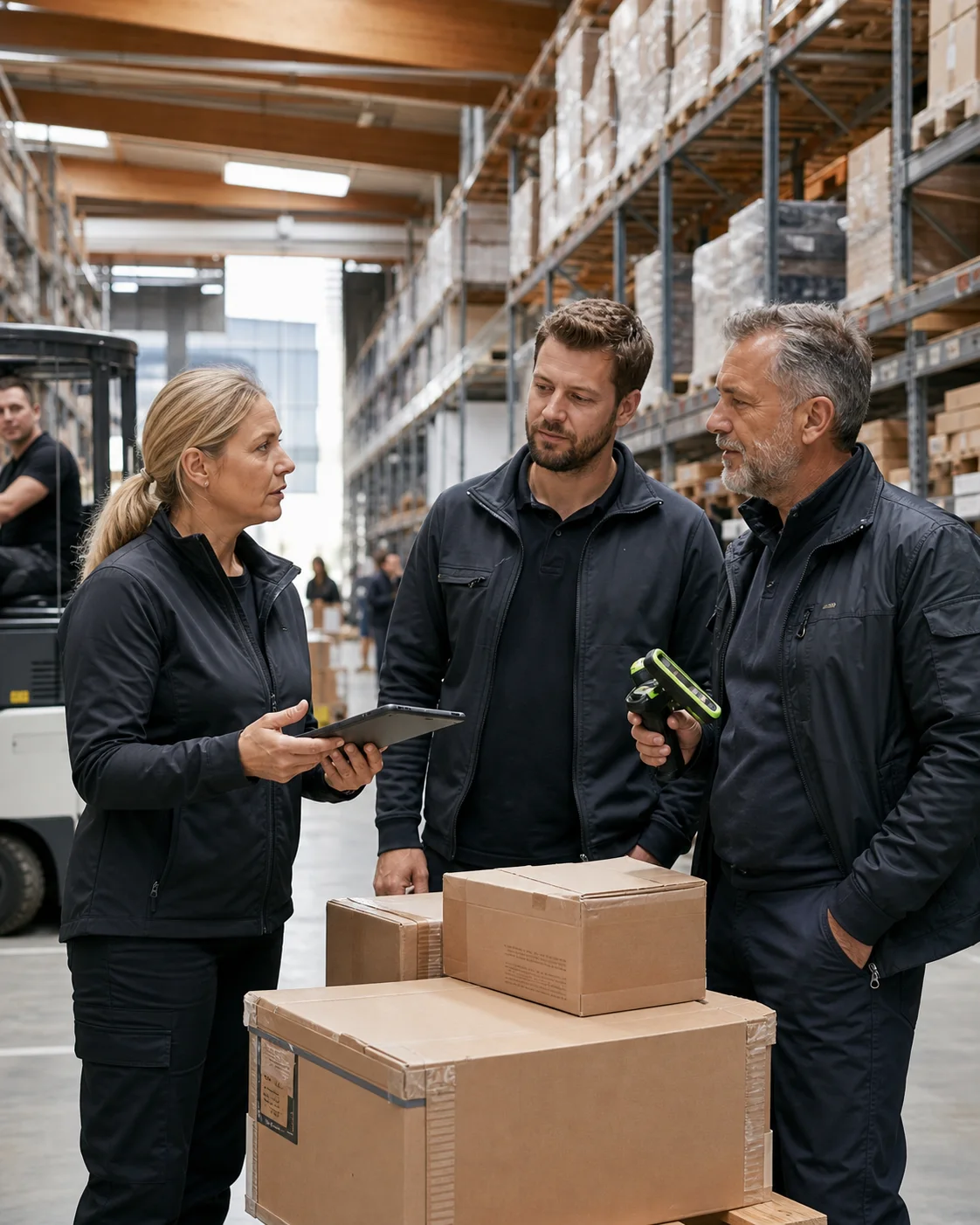 Drei Logistikfachkräfte besprechen Warenfluss und Bestände in einem Lager