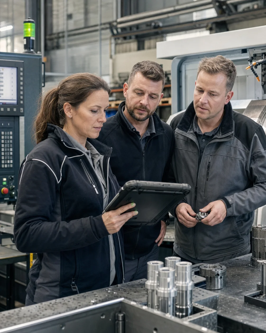 Drei Fachkräfte besprechen Produktionsdaten direkt an einer CNC-Maschine